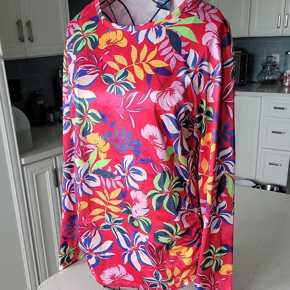 Caribbean Joe Red and Orange Floral Top